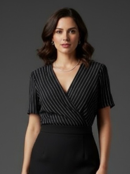 Holt Renfrew Tops - Holt Renfrew Black Pinstripe Wrap-Style Blouse
